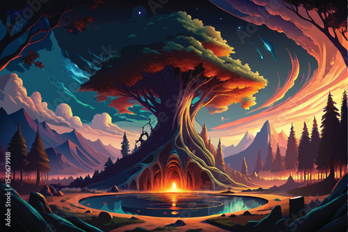 Enchanted Forest Mystical Tree of Life, Fantasy Landscape Art