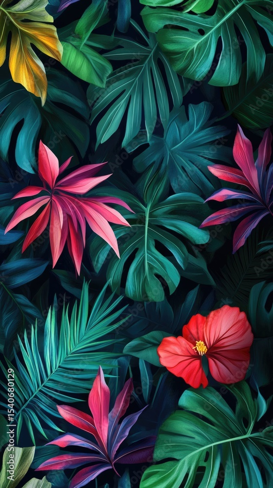 Flowers and foliage background. Tropical leaves and colorful flowers on foliage nature background. Flowers and foliage background. Tropical leaves and colorful flowers on foliage nature background.