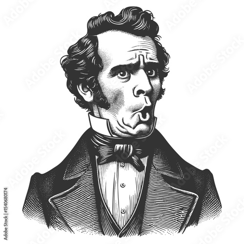 Funny shocked Victorian gentleman, exaggerated wide eyes and open mouth expression of surprise sketch engraving generative ai fictional character vector illustration. Scratch board. Black and white.