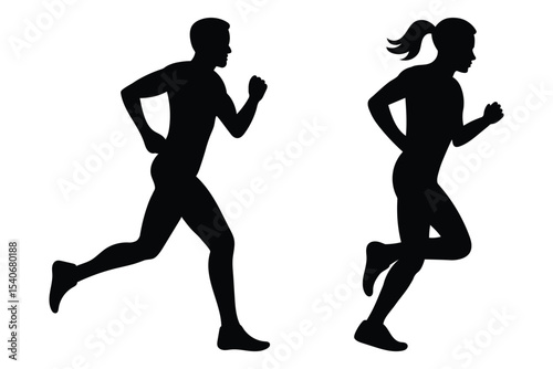 Man and woman runner silhouettes set isolated on white background