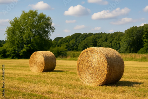 Golden hay bales on a freshly mowed field under a blue sky with fluffy clouds, surrounded by lush green trees. Peaceful rural summer landscape.