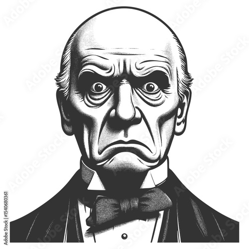Funny serious bald elderly man with a piercing stare and a bow tie, exuding authority sketch engraving generative ai fictional character vector illustration. Scratch board. Black and white image.