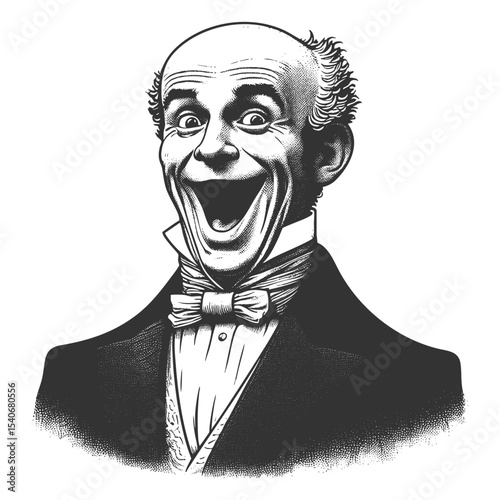 Funny bald man in formal clothing, laughing loudly with a wide open mouth and expressive joy sketch engraving generative ai fictional character vector illustration. Scratch board. Black and white.