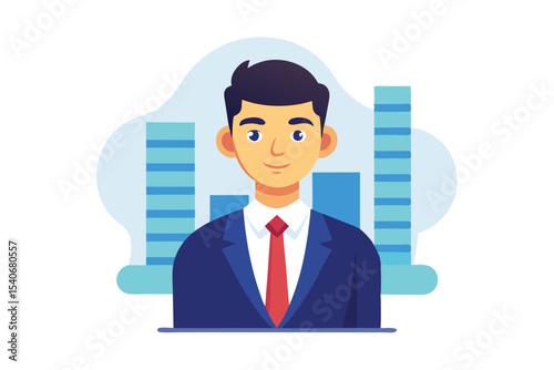 A Confident Business Professional Stands Before a Thriving Bar Graph Illustration, Symbolizing Success and Growth in Business