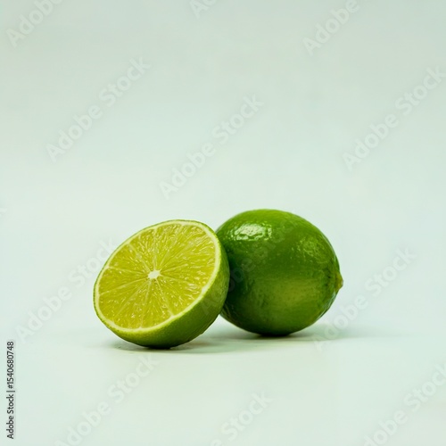 Whole and sliced lime on white background, green lime half close-up, juicy lime detail