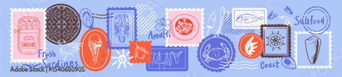 Vintage Italy Summer Stamps. Mediterranean illustration of sardines, lobster, crab, seashells, tile. Hand drawn logotype print element design. Amalfi vacation collage stickers. Chalk rough textured. 
