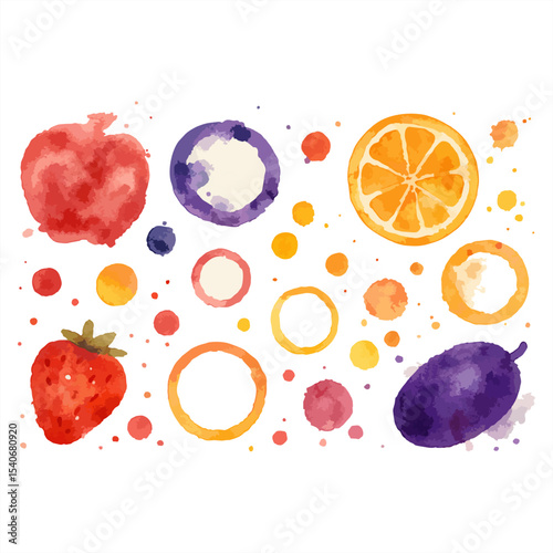 Colorful abstract background with watercolor fruit illustrations like strawberries, oranges, and plums, plus vibrant dots and rings. Ideal for design, art, and playful projects.