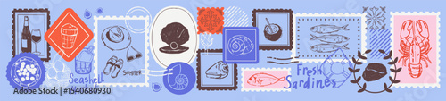 Summer vacation stamp print set with hand drawn doodle sketched of seashells, sardines, lobster, wine, tile. Mixed media grunge chalk element. Sicily mediterranean. Travel coastal postmark emblem. 