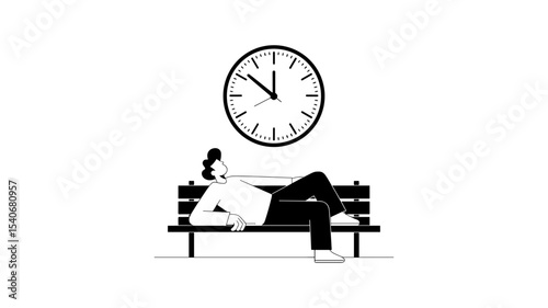 A Moment of Pause: A person reclines on a park bench, gazing at a clock, as the world slows down, offering a poignant reflection on time and introspection.