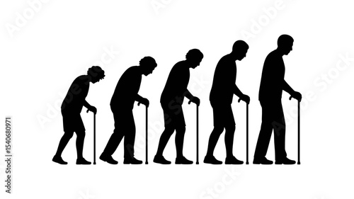 Aging Progression Silhouette: A poignant visual narrative, showcasing the passage of time through the silhouettes of an individual's life stages, with a cane symbolizing support in old age.