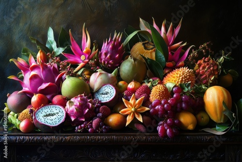 Vibrant Display of Exotic Fruits in a Decorative Arrangement
