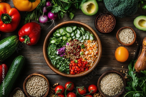 Fresh and Colorful Vegetables Arranged in a Bowl on Wooden Table