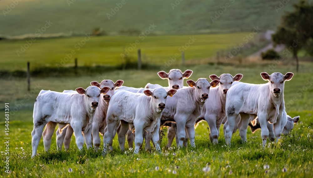 Fototapeta premium A group of white cows are standing in a field
