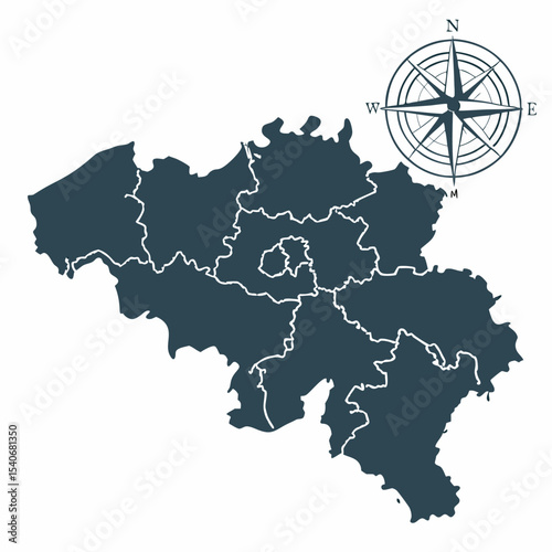 Belgium map with regional divisions and compass