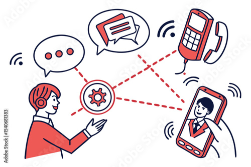 Modern Telecommunication Illustration Representing Connectivity Between Devices and People with a Customer Service Representative at the Core