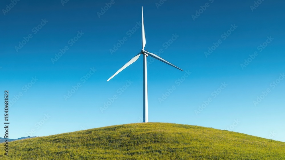 Wind Turbine on Green Hill Under Blue Sky with Clear Horizon Wind Turbine on Green Hill Under Blue Sky with Clear Horizon