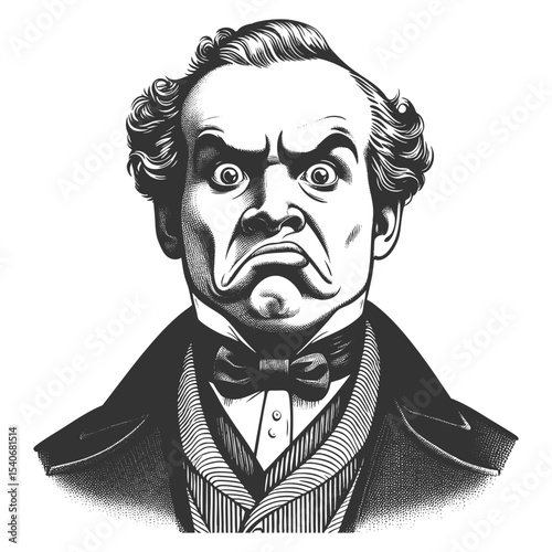 vintage man looking extremely displeased, with a dramatic frown and wide eyes sketch engraving generative ai fictional character vector illustration. Scratch board imitation. Black and white image.