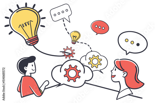 Creative Collaboration and Idea Generation Illustration Featuring a Team Sharing Thoughts and Solutions through Innovative Thinking Processes