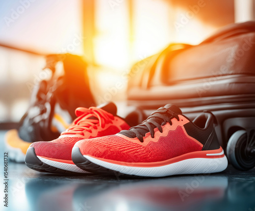 Shoes and suitcase in bright indoor environment during travel preparations