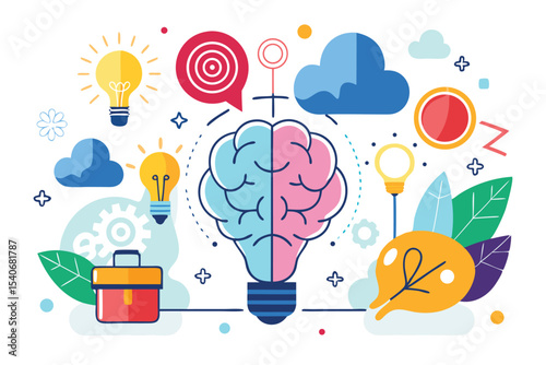 Colorful Illustration of Brainstorming with Light Bulbs and Clouds Symbolizing Idea Generation and Creative Thinking for Innovation and Inspiration