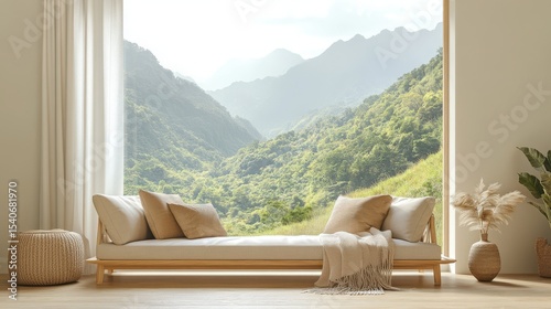 Serene Living Room with Mountain View and Natural Light