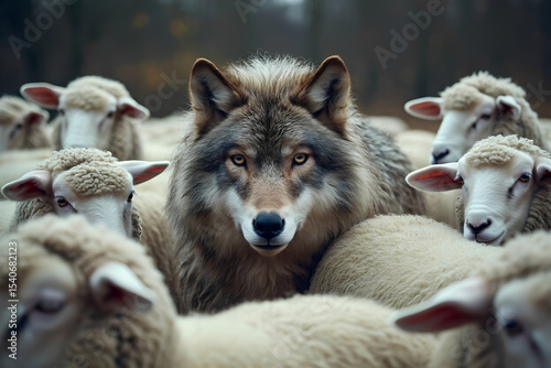 A wolf is standing in a group of sheep