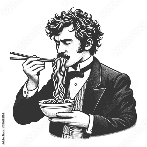 man in formal Victorian attire using chopsticks to eat a bowl of noodles sketch engraving generative ai fictional character vector illustration. Scratch board imitation. Black and white image.