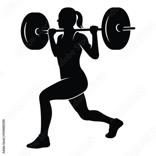 Weight lifting, woman lifts big barbell, isolated vector silhouette on white background