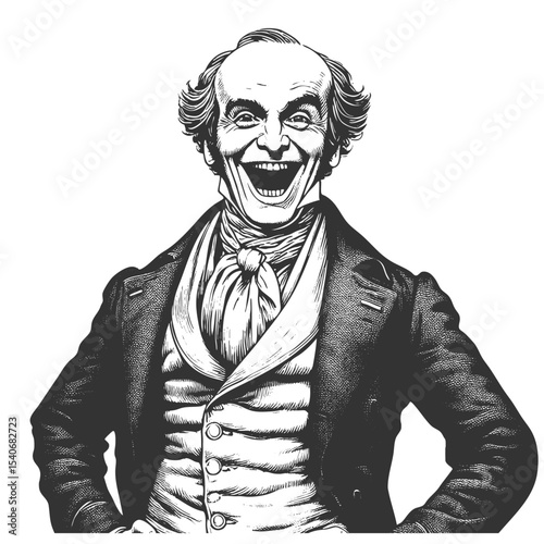 Funny bald man in formal clothing, laughing loudly with a wide open mouth and expressive joy sketch engraving generative ai fictional character vector illustration. Scratch board. Black and white.