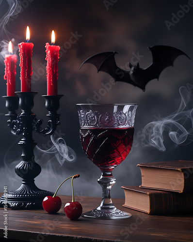 Gothic Wine and Bat Scene with Candles – Dark Halloween Vibe