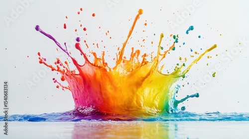 Vivid Rainbow Splash with Colorful Water Droplets on White Background