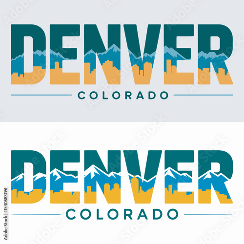 Denver Colorado Cityscape Text Logo, Mountains & Buildings, vector illustration