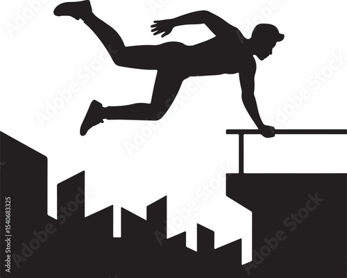 Silhouette of male parkour athlete in action. Silhouette of young man doing parkour jump.
