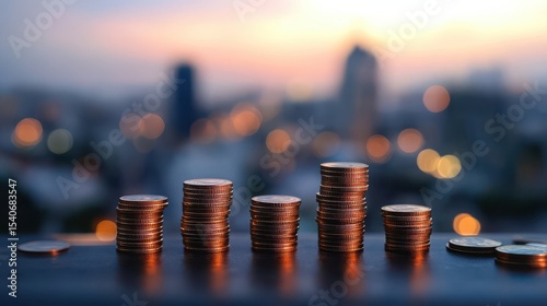 Stacks of Coins with Blurred City Skyline During Sunset Evening