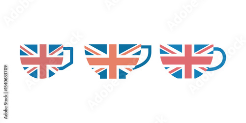  UK Flag Teacup Icons, British Tea Time Symbol, vector illustration