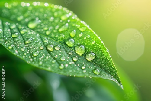 Close-Up of Fresh Green Leaf with Water Droplets and Natural Light