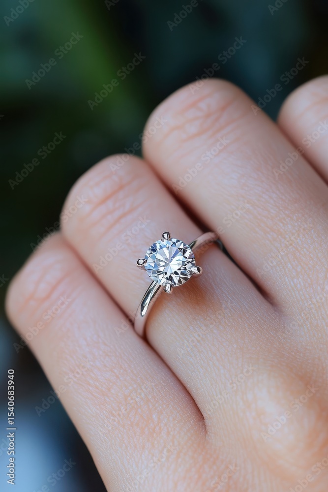 Obraz premium Elegant Solitaire Diamond Ring on Hand Against Soft Green Background