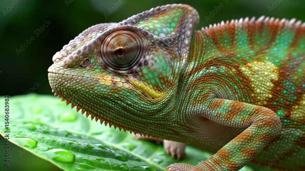 Colorful chameleon rests gently on a vibrant green leaf in a natural setting Colorful chameleon rests gently on a vibrant green leaf in a natural setting