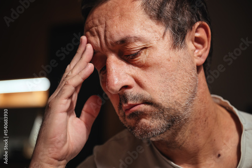 Failure and disappointment, low key portrait of mature adult male sulking