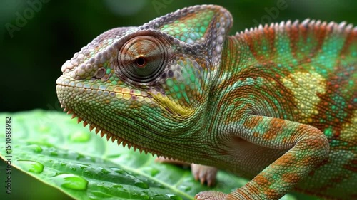 Colorful chameleon rests gently on a vibrant green leaf in a natural setting
