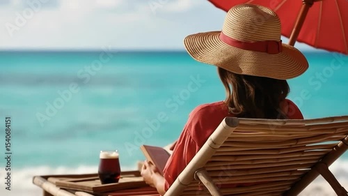 Relaxing beach day with a book and a drink while enjoying the ocean view under an umbrella