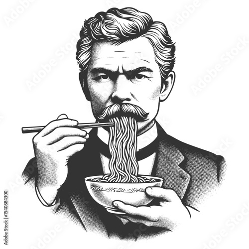 man in formal Victorian attire using chopsticks to eat a bowl of noodles sketch engraving generative ai fictional character vector illustration. Scratch board imitation. Black and white image.