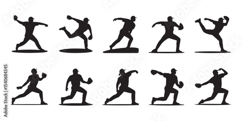 Baseball Players in Action Silhouettes, A collection of dynamic black silhouettes of baseball players in various action poses vector art on white