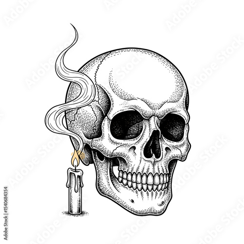 Detailed stipple drawing of a human skull with a burning candle and smoke.