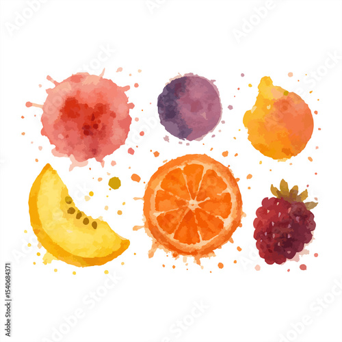 Vibrant watercolor background with fruit illustrations like melon, orange, and berries, plus colorful splashes. Perfect for design, art, and cheerful projects.