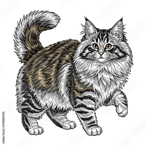 A majestic Norwegian Forest Cat, elegantly posed, detailed fur, striking gaze.
