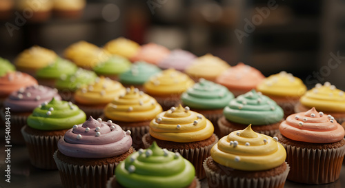 A bakery counter featuring rows of colorful cupcakes with swirled buttercream frosting and edible pearls, under soft lighting.