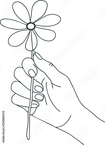 Minimal line drawing of a human hand gently holding a daisy flower by the stem, symbolizing peace, kindness, and simplicity. Perfect for botanical, romantic, or artistic illustrations.
