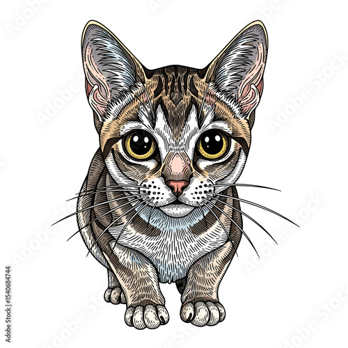 A detailed illustration of a brown and grey tabby cat looking directly at the viewer.