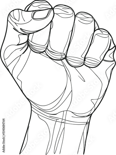 Bold black line art of a clenched human fist raised upward, symbolizing power, strength, unity, and resistance. Ideal for protest, activism, or motivational design illustrations.